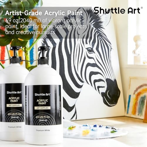 Shuttle Art Titanium White Acrylic Paint Set, 2×69oz/2040ml Large Capacity Pump Bottles with Covers, High Coverage, Fast Drying Non-Toxic Art Paint for Artists, Students, Kids & Multi-Surface