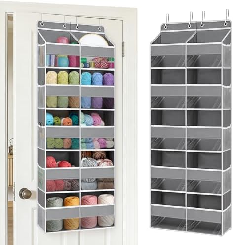 Over The Door Organizer, Hanging Yarn Storage Organizer with 10 Extra Large Clear Pockets and 10 Side Crochet Bags, Hanging Shelves for Yarn, Crochet Hooks, Knitting Needles Supplies Storage, Gray