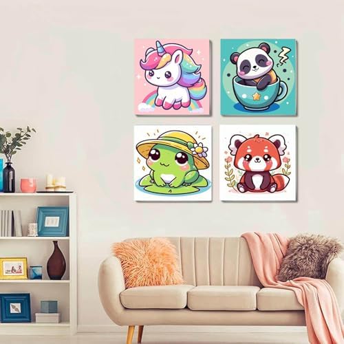 HOIYLDS Framed 4 Pack Paint by Number for Kids, Cute Animals Paint by Numbers for Kids Ages 8-12, Paint by Numbers Kits Children Beginner, DIY Acrylic Oil Painting for Home Wall Decor (8x8inch)