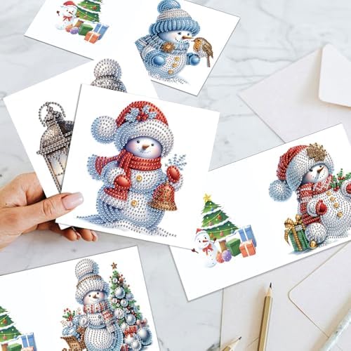 antor 6 Pack Diamond Art Christmas Cards with Envelopes, Special Shaped Rhinestone DIY Diamond Painting Greeting Card Kit, Snowman Design for Adults Holiday Craft Gift