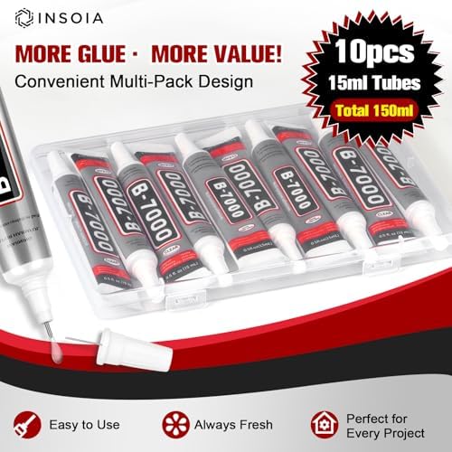 INSOIA Bedazzling Glue B7000 Clear, 10 x 15ml Precision Tip