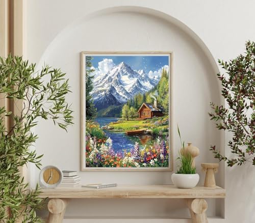Accompany Wind Mountain Diamond Art Kits for Adults, 5D Mountain Cabin Landscape Diamond Painting Kits for Beginners,DIY Round Full Drill Diamonds Gem Art Crafts for Home Wall Decor Gifts 12x16 Inch