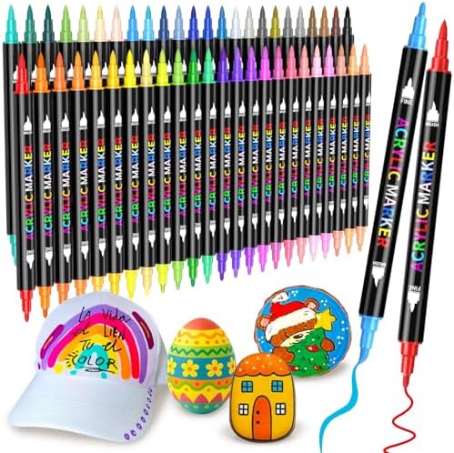 JR.WHITE 48 Colors Dual Tip Acrylic Paint Markers, Acrylic Paint Pens With Brush Tip and Fine Tip For Coloring Book, Rock Painting, Wood, Shell, Ceramic, Stone, Easter Eggs, DIY Crafts
