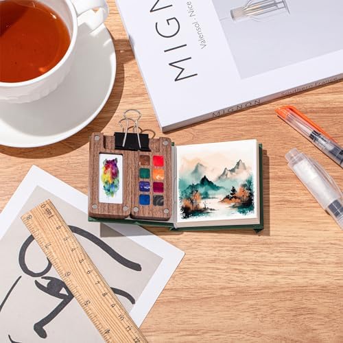 Qilery Mini Portable Watercolor Palette Set Wooden Grid Paint Box Watercolor Paper Sketch Book Brush Pens with Binder Clip for Painters Artist Not Include Paint(Pine Green)
