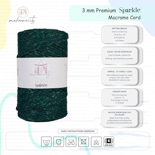 Makromecity Sparkle 2 Skeins of Polypropylene Macrame Cord 3mm x 131 Yards (394 feet) Premium Polyester Macrame Cord for Macrame Art & Crafts for Wall Hangings, Bags, Underplate, Rug