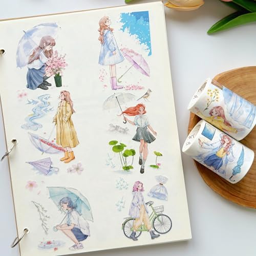 WT Pre-Cut Morning Drizzle Wide Washi Tape, Single Roll, Original Cozy Rainy Day Designs, Decorative Japanese Paper Tape for Journaling, Scrapbooking, Planner & DIY Crafts, 65mm×5m