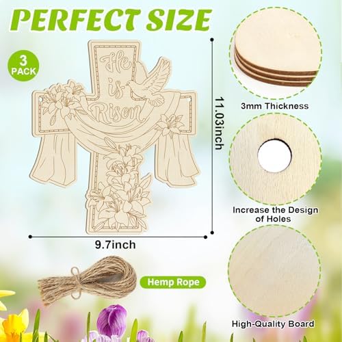 Large Size 12" Wooden Easter Ornaments to Paint,Wooden DIY Blank Unfinished Christian Religious Ornament Happy Easter Jesus He is Risen Door Sign Lily Cross Hanging Plaque Crafts Hanging Decorations