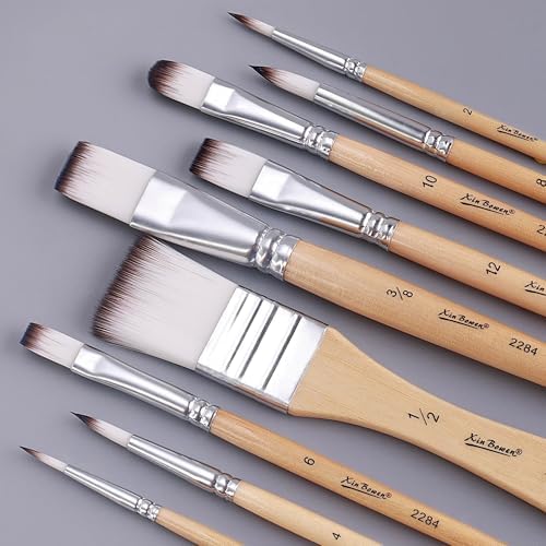 9Pcs Artist Paint Brushes Set, Color-Coded Wooden Handle Nylon Bristle Art Brushes for Acrylic Watercolor Gouache Oil Painting, Multi-Size Professional Paintbrush Kit for Beginners, Adults & Kids