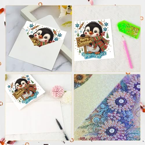 6Pcs Christmas Greeting Card DIY Diamond Art Painting Greeting Cards Blessing Folding Card Kit with White Envelopes Diamond Arts Crafts for Birthday Festival Gift-Penguin