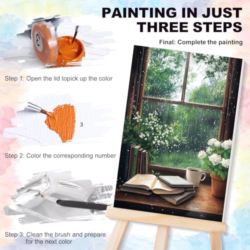 4 Pack Framed Paint by Numbers Kit for Adults Window View, Wooden Easel | With Frame, Book Lovers DIY Acrylic Painting, For Adults Beginner, Stress Relief Craft Kits, Home Wall Decor Gift, 8x12 IN