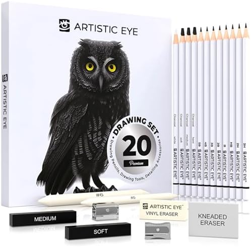 ARTISTIC EYE Premium Drawing and Sketching Pencil Art Set (20 Items): Complete Kit with Graphite Pencils, Charcoal Pencils, Sticks, Blending Stumps, Erasers, and Sharpeners