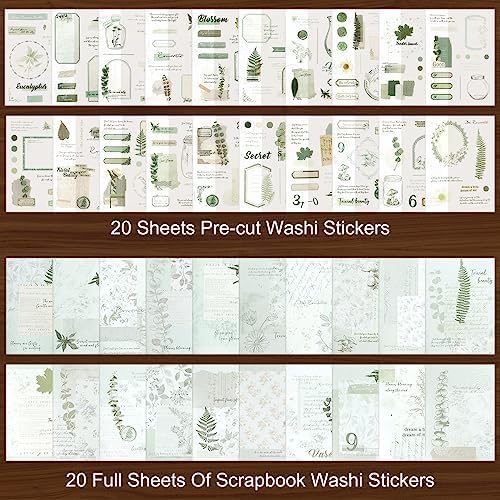 Dizdkizd Botanical Washi Stickers for Journaling, Ephemera Sticker Book for Junk Journal with 180pcs Plant Washi Stickers and 20 Adhesive Scrapbook Sticker Sheets, Vintage Scrapbooking Supplies