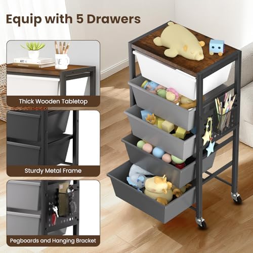 Rolling Cart with 5 Drawers, Plastic Drawer Storage Carts with Wheels & Wooden Tabletop, Metal Utility Cart with Pegboards, Office Living Room Classroom Craft Organization and Storage, Dark Grey