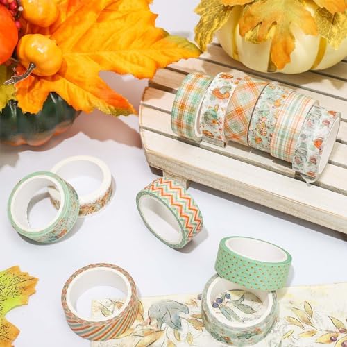Whaline 12 Rolls Fall Washi Tape Autumn Pumpkin Plaid Truck Washi Tape Cyan Orange Harvest Decorative Masking Tape for Thanksgiving Scrapbook Journal DIY Art Craft Gift Wrapping Supplies