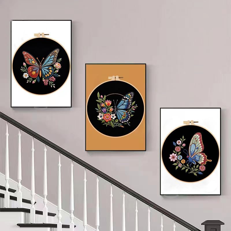 Konrisa Flower Butterfly Embroidery Kits for Adults, Stamped Embroidery Starter Kit with Hoop,DIY Sewing Needlepoint Cross Stitch Kit, Set of 3