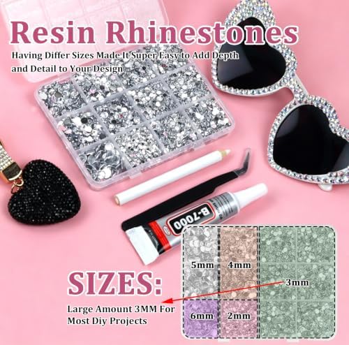 10000PCS Silver Rhinestones Bedazzling Gems 2/3/4/5/6MM Mix Sizes Resin Jelly Bedazzler Kit Flatback with Complete Tools for DIY, Nail, Art Craft for Girls Gift