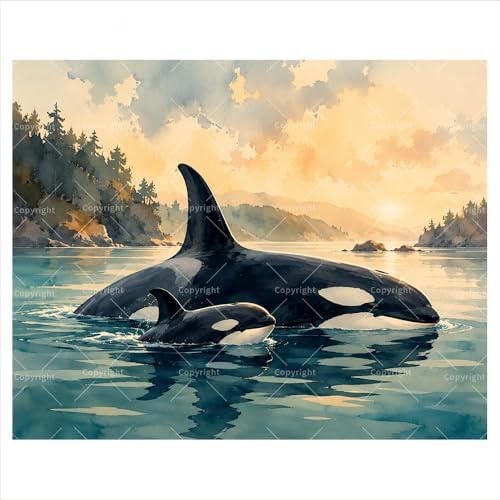 ENTORLAB Marine Wildlife Digital Painting Kit for Adults - DIY Orca Whale Family Oil Painting on Canvas 16x20 Inches, Acrylic Paint Kit, Good for Beginners, Coastal Home Decor or Gift Artwork