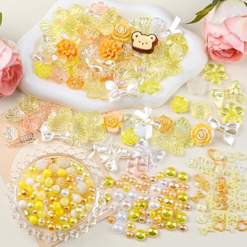 350 Pieces 3D Resin ABS Colorful Rose Flower Bows Butterfly Charms with Flatback Half Round Pearl Beads for Bracelet Earring Necklace Craft DIY Making Supplies