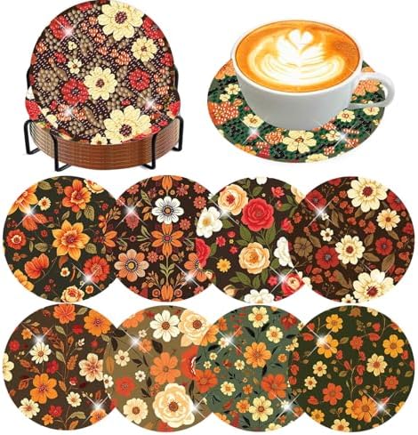 Meothan 8 Pcs Floral Diamond Art Coasters Kit for Adults with Holder 4x4in