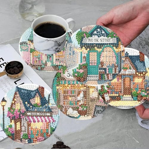 ijbnhd Diamond Art Coasters Kits, 8 Pcs, Book Store, 4x4 inch
