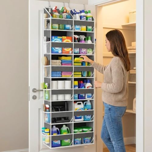 Over the Door Organizer 6 Tiers, Extra Large Behind Door Storage of 12 Compartments, 80 lbs Weight Capacity Hanging Storage Organizer with Clear Window Kids Toys, Shoes, Diapers, Room storage