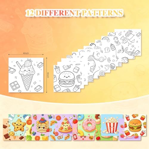 12 Packs Food-Themed Pre Drawn Canvas to Paint, Pre Printed Canvas for Painting, Pre Stretched Canvas Outline Painting Boards for Beginners, Students, Party Favors（4 * 4inch）