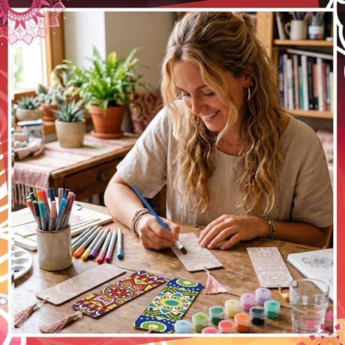 Kosiz 12 Pcs Mandala Paint by Number Kit for Adult Wood Bookmark | Mini Flower Paint by Numbers Kit, Painting Decor, Floral Tassels Blank Bookmarks, for Small DIY Craft Book Lovers Gift 7x2 ''
