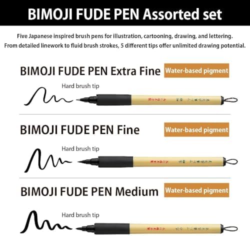 Kuretake Bimoji Brush Pen, 5 pcs set, brush tip marking fude brush pen, for Calligraphy, lettering, illustration, Professional, Made in Japan