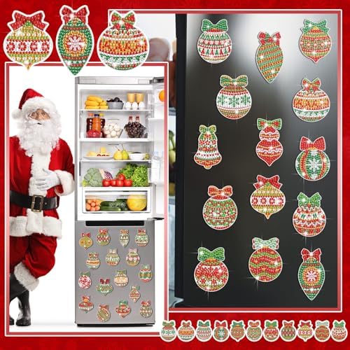 Motipuns 30 Pcs Diamond Magnets,Christmas Ball,Red Green