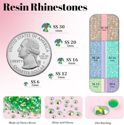 Resin Rhinestones for Crafting with 3Pcs 10ml B7000 Jewelry Glue, 1 Box Dark Green AB Flatback Gems Crystals Diamond for Bedazzling Crafts DIY Nail Art Makeup, Gems for Clothing Tumblers Shoes