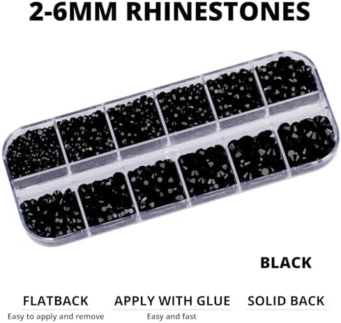 6500Pcs Black Rhinestones for Bedazzling, Bedazzler Kit with Flatback Craft Rhinestones Black Bulk and B7000 Glue, 2,3,4,5,6mm Resin Flat Back Crystals for Craftings, Crafts, Clothes, Shoes, Nails