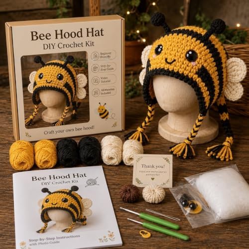 WEERSHUN Fantasy Hood Hat DIY Crochet Kit Series, Animal Hood Hat DIY Crochet Kit for Beginners, Complete Great Experience, Tutorial Guide, Yarn & Hook, Great Birthday Holiday Gift (Bee)