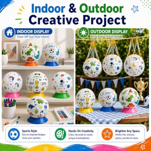 24 Set Paint Your Own Soccer Ball Kit, Blank White Inflatable Soccer Balls with Acrylic Markers, Pumps, Display Stands and Hanging Nets, DIY Soccer Ball Craft Set for Team Events and Party Activities