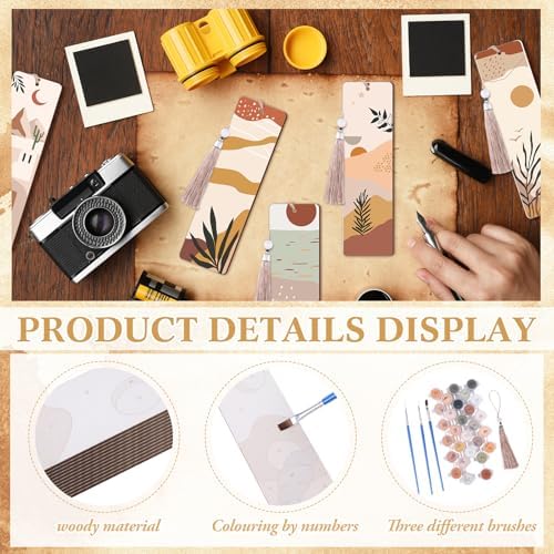 Kosiz 12 Pcs Boho Paint by Number Kit for Adult Wood Bookmark | Mini Paint by Numbers Kit, Painting Decor, Tassels Blank Bookmarks, for Small DIY Craft Book Lovers Gift 7x2 ''