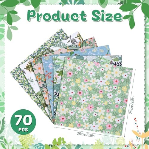 70 Pcs 10 x 10 Inch Green Floral Cotton Fabric Squares, Green Cotton Fabric Bundles Charm Packs, Precut Printed Patchwork Materials, Vintage Greenery Fat for Sewing Quilts and DIY Craft