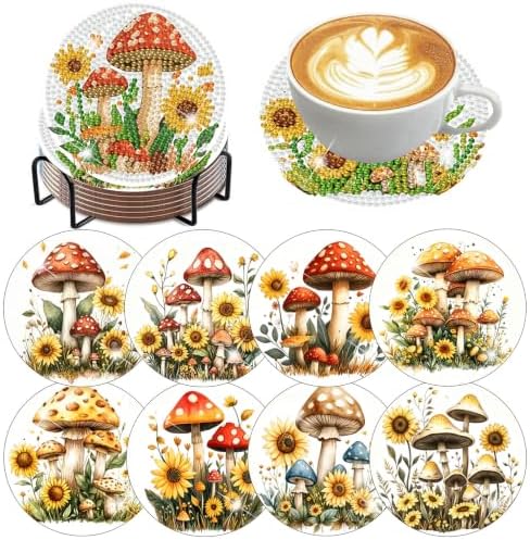 8 Pack Diamond Art Coasters Kits,Mushroom Diamond Painting Coasters