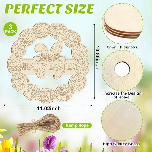 Large Size 12" Wooden Easter Ornaments to Paint, Wooden DIY Blank Unfinished Round Wood Discs Ornament Happy Easter Bunny Door Sign Egg Door Hanging Sign Plaque Crafts Hanging Decorations 3PCS