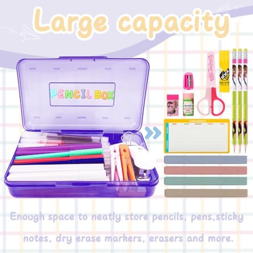 Purple Hard Pencil Case Plastic Clear Pencil Box Crayon Box Organizer 1 Pack Office Supplies Storage Container Organizer Boxes for Pens Crayon School Stylish Art Office Supplies Storage Medium