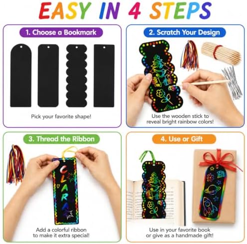 MAQIHAN 36 Sets Scratch Art Bookmarks - DIY Rainbow Bookmark Kit with Tools