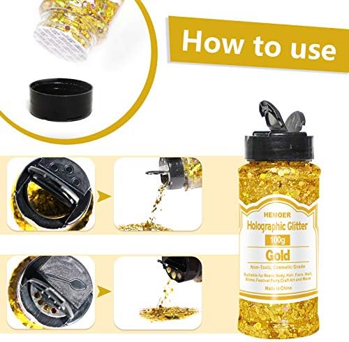 HEMOER Gold Glitter, 100g/3.5oz Holographic Chunky Glitter Mixed Hexagon Chunky & Fine Flakes Iridescent Sequins for Epoxy Crafts, Resin, Nail Body, Tumblers, Party Decoration