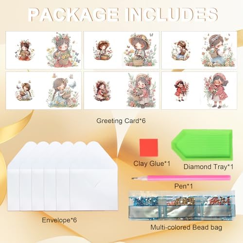 6pcs Diamond Art Painting Kit Greeting Card, Flower Picking Flower Garden 5D DIY Diamond Handmade Holiday Greeting Card with Envelope, Holiday Gift Congratulation