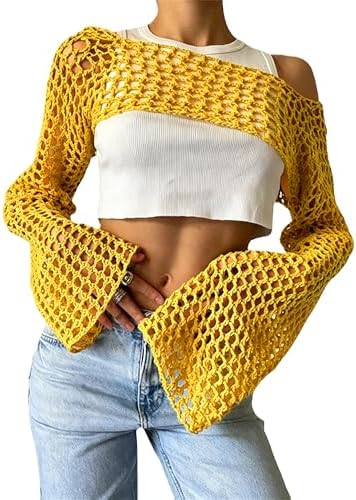 KEOMUD Women Crochet Tops Y2K Hollow Knit Bolero Shrug