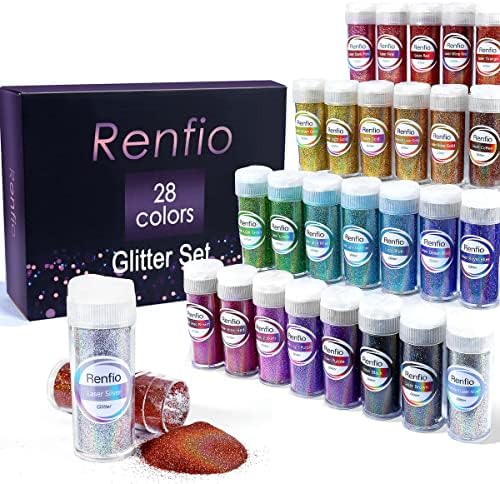 Renfio 28 Colors Holographic Glitter Set,14.81oz Ultra Fine Glitter Powder | 420g PET 1/128" 0.008" 0.2mm Resin Suppies Assorted Craft Glitter for Fake Nails, Resin Art, Tumblers, Slime, Hair, Bomb