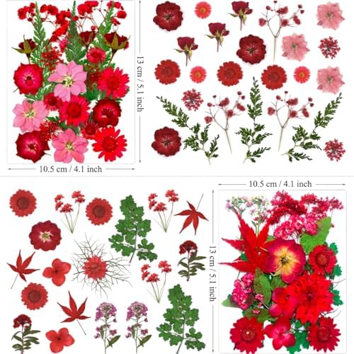 MIKIYA 88Pcs Red Dried Pressed Flowers for Resin Molds, Assorted Real Natural Bulk Dry Floral Leaves for DIY Art Crafts, Epoxy Jewelry, Candle, Soap Making, Nails Decors