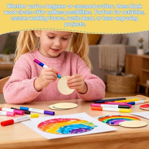 FSWCCK 100 PCS 3 Inch Wood Circles for Crafts – Round Blank Discs with Holes, Unfinished Wooden Cutouts for DIY, Painting, Staining, Coasters,Laser Engraving Sign Blanks, Ornament (3inch-100 Pack)