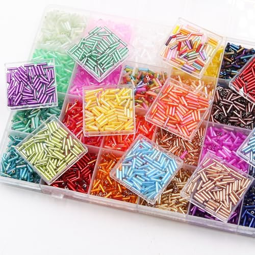 Tube Seed Beads 7mm Crafts Glass Bugle Beads with for Jewelry Making Embroidery Decoration (28 Colors, 8400pcs)