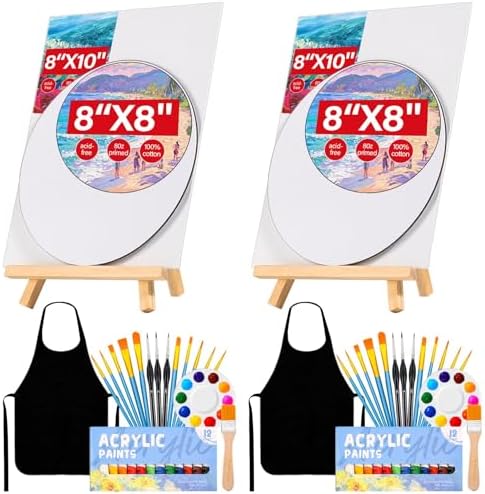 Date Night Painting Kit, 62 Pcs Detail Paint Brushes Canvas Panels with Wood Easel 12 Colors Acrylic Paint, Circular Canvas Art Aprons Sip and Paint Supplies for Adults and Beginner