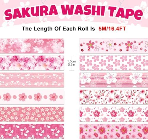 Whaline 12 Rolls Cherry Blossom Flower Washi Tape Floral Masking Tape Set Pink Sakura Decorative Wrapping Paper Tapes Boxed for Spring Scrapbook Journal DIY Crafts