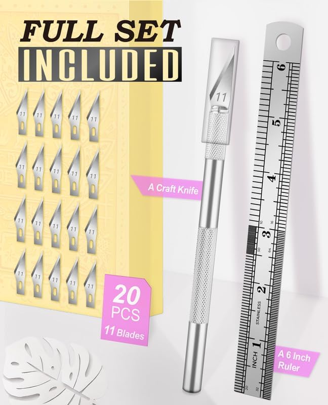 DIYSELF Exacto Knife Set with 20#11 Blades, Aluminum Handle, 6-Inch Ruler | Exacto Knife Kit for DIY, Art & Model Making, Hobby Knife Set for Crafters & Hobbyists, Aluminum Handle, Silver