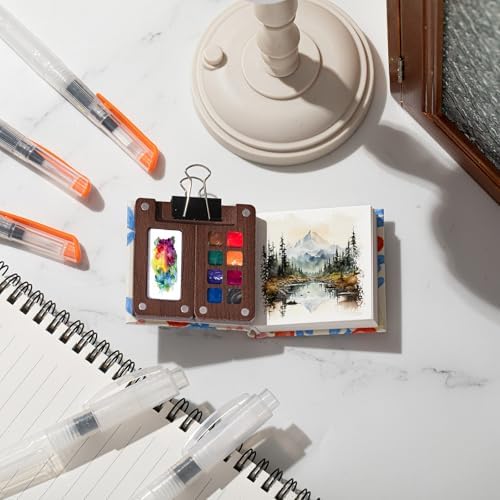 Qilery Mini Portable Watercolor Palette Set Wooden Grid Paint Box Watercolor Paper Sketch Book Brush Pens with Binder Clip for Painters Artist Not Include Paint(Azalea)